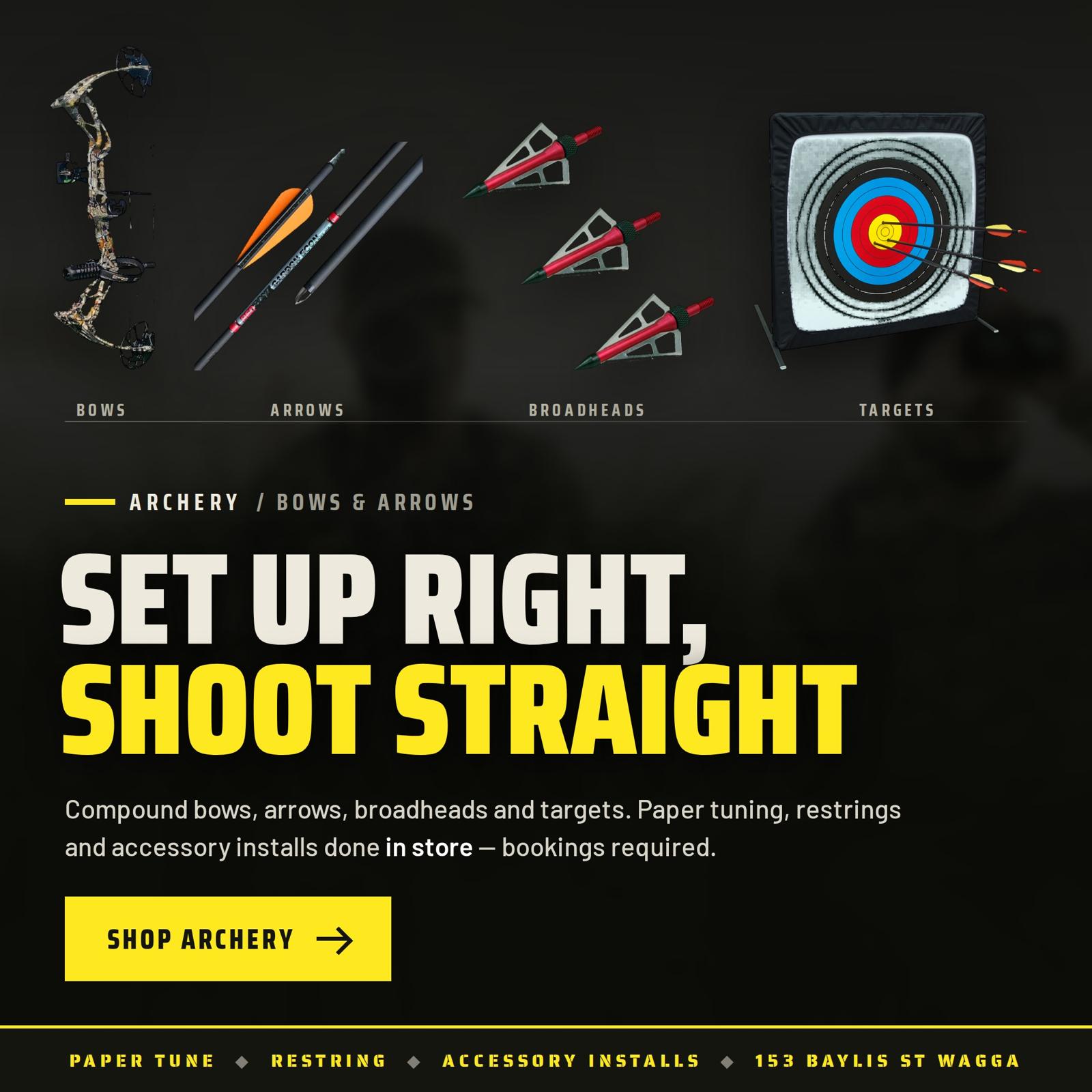 Archery at Aussie Disposals Wagga: compound bows, arrows, broadheads and targets